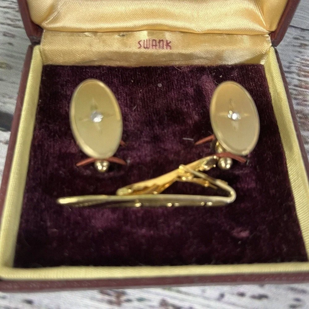 Swank Vintage Brushed Gold Faux Diamonds Mens Cufflinks & Tie Clip w/ Box